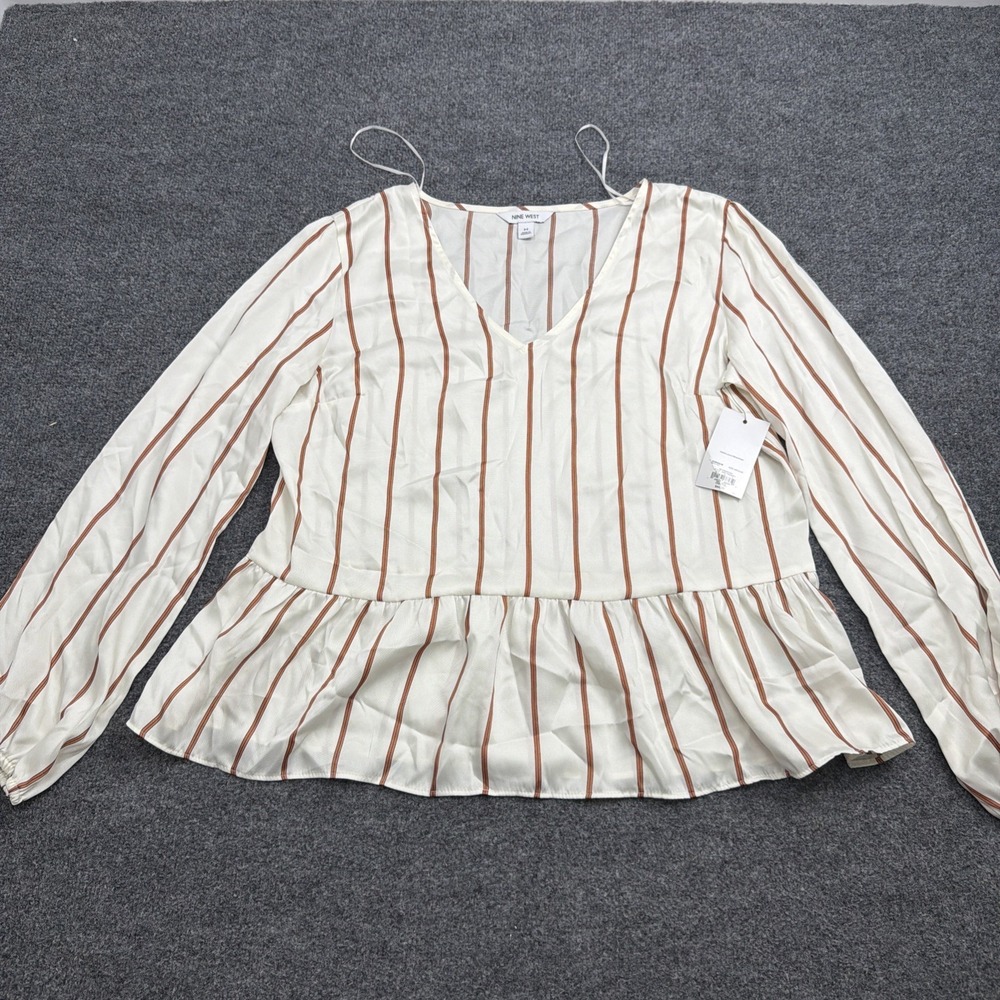 Nine West Blouse Womens size Medium White Pink‎ Vneck Satin Long Sleeve NWT